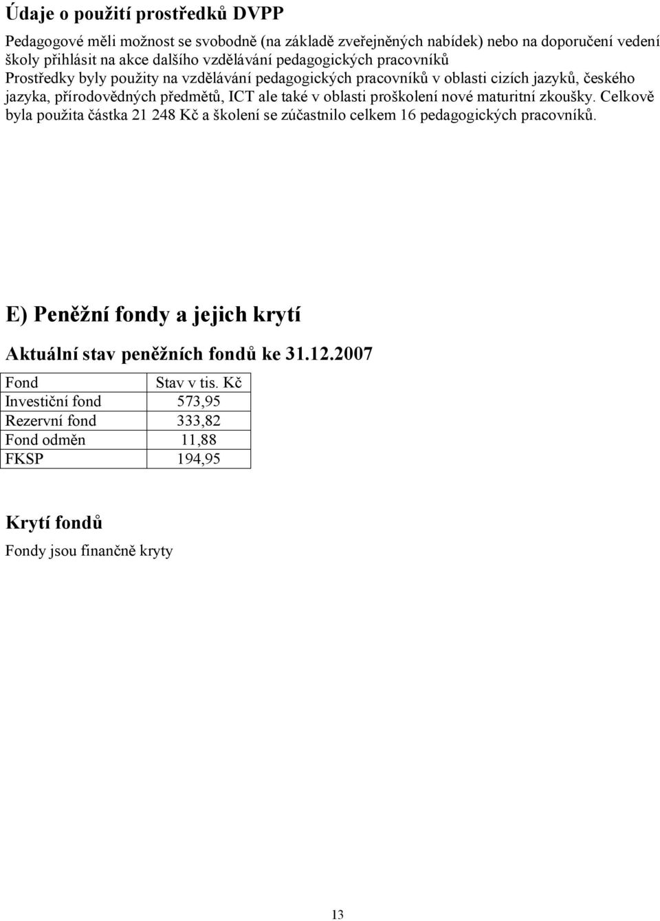 oblasti proškolení nové maturitní zkoušky. Celkově byla použita částka 21 248 Kč a školení se zúčastnilo celkem 16 pedagogických pracovníků.