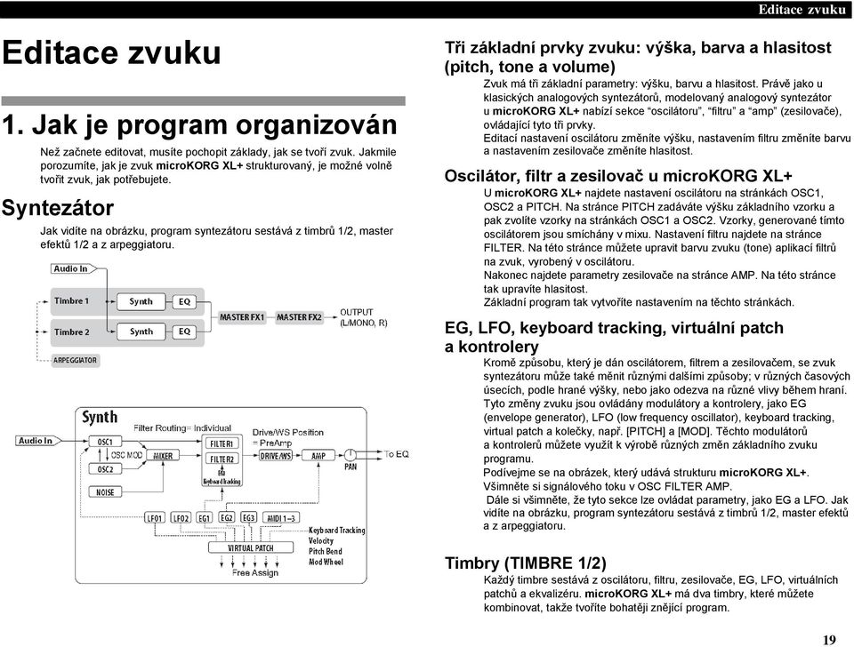 Syntezátor Jak vidíte na obrázku, program syntezátoru sestává z timbrů 1/2, master efektů 1/2 a z arpeggiatoru.