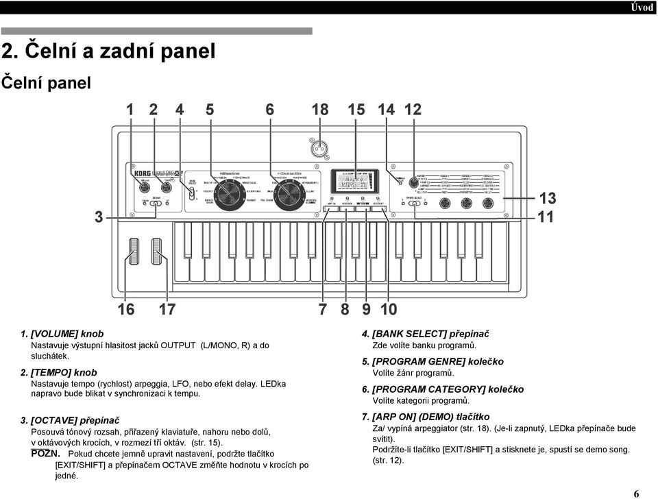 Pokud chcete jemně upravit nastavení, podržte tlačítko [EXIT/SHIFT] a přepínačem OCTAVE změňte hodnotu v krocích po jedné. 4. [BANK SELECT] přepínač Zde volíte banku programů. 5.