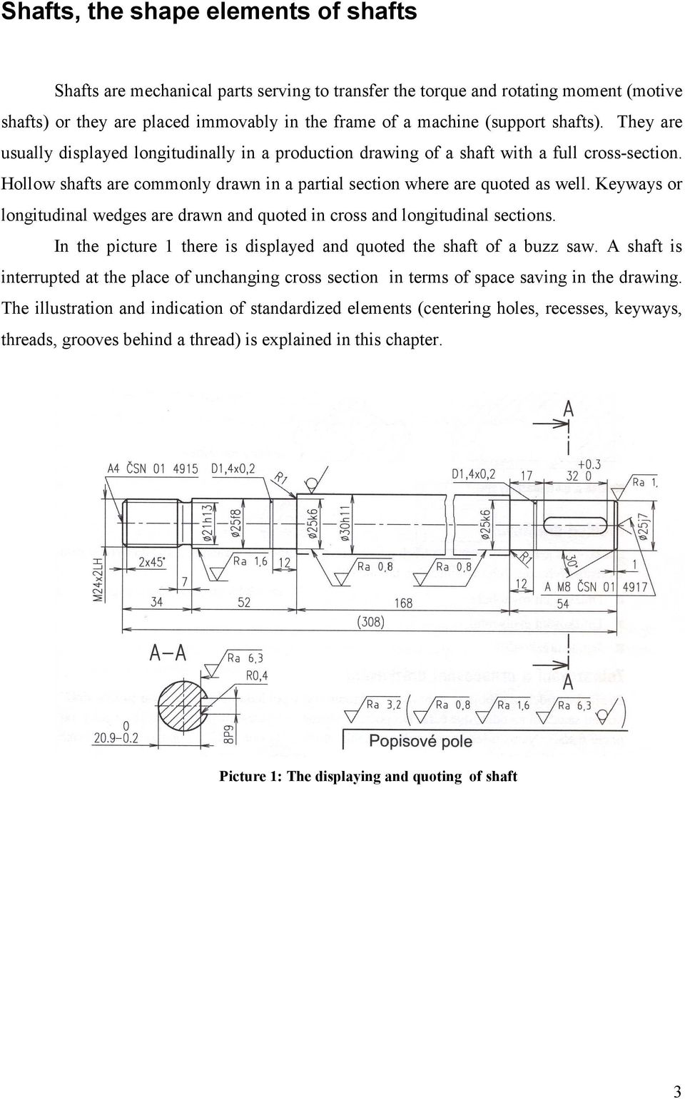 Keyways or longitudinal wedges are drawn and quoted in cross and longitudinal sections. In the picture 1 there is displayed and quoted the shaft of a buzz saw.