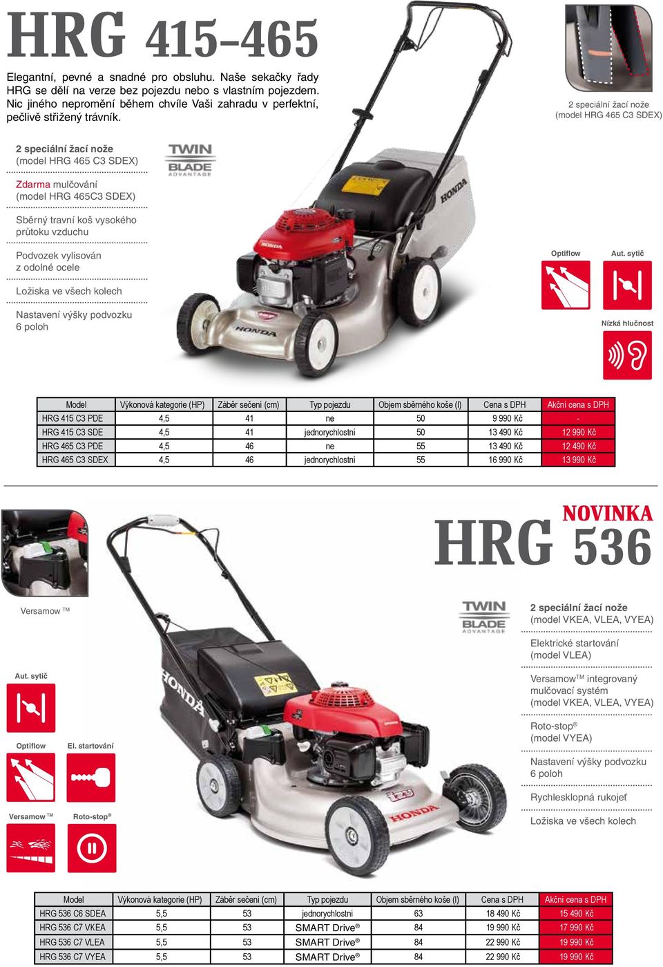 2 speciální žací nože (model HRG 465 C3 SDEX) 2 speciální žací nože (model HRG 465 C3 SDEX) Zdarma mulčování (model HRG 465C3 SDEX) Sběrný travní koš vysokého průtoku vzduchu Podvozek vylisován z