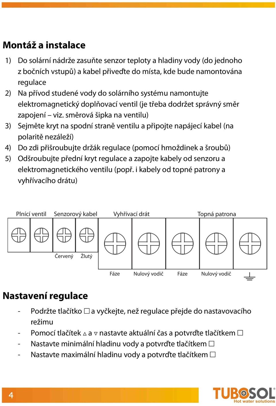 směrová šipka na ventilu) 3) Sejměte kryt na spodní straně ventilu a připojte napájecí kabel (na polaritě nezáleží) 4) Do zdi přišroubujte držák regulace (pomocí hmoždinek a šroubů) 5) Odšroubujte