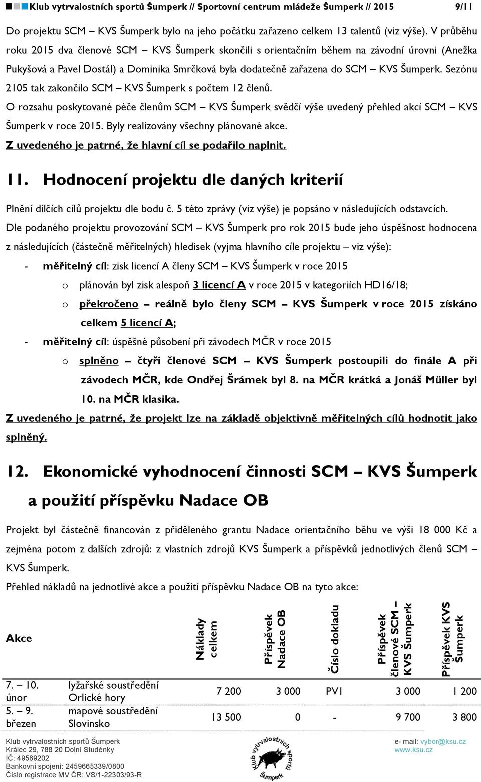 V průběhu roku 2015 dva členové SCM KVS Šumperk skončili s orientačním během na závodní úrovni (Anežka Pukyšová a Pavel Dostál) a Dominika Smrčková byla dodatečně zařazena do SCM KVS Šumperk.