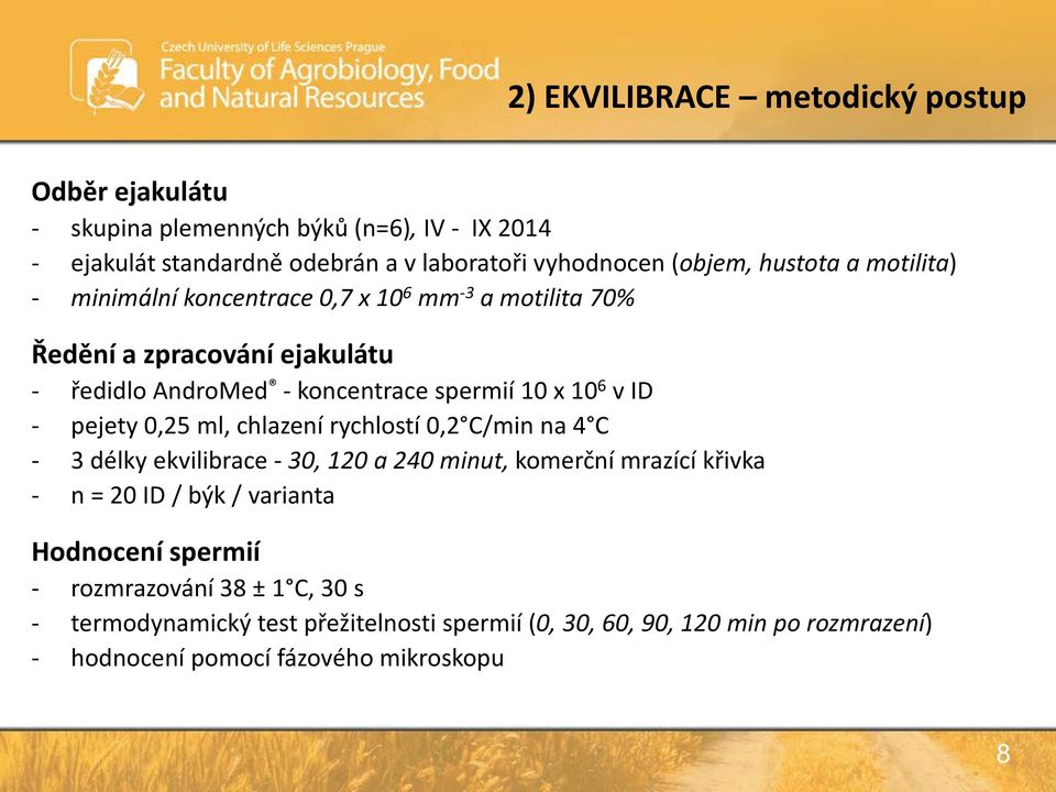 ID - pejety 0,25 ml, chlazení rychlostí 0,2 C/min na 4 C - 3 délky ekvilibrace - 30, 120 a 240 minut, komerční mrazící křivka - n = 20 ID / býk / varianta