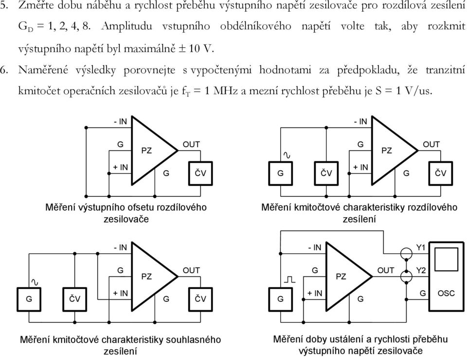 Naměřené výsledky porovnejte s vypočtenými hodnotami za předpokladu, že tranzitní kmitočet operačních zesilovačů je f = 1 MHz a mezní rychlost přeběhu je S = 1 V/us.