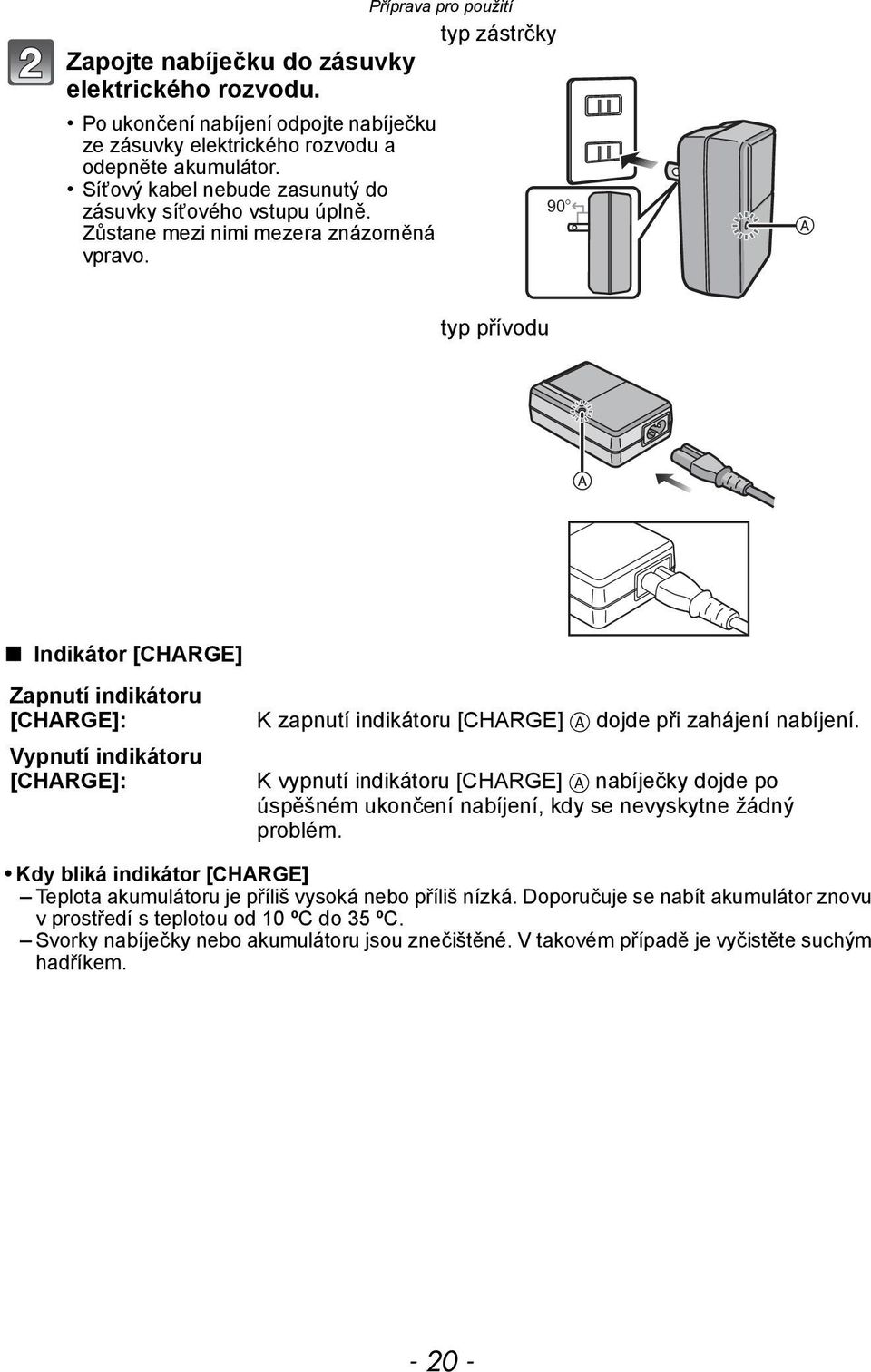 Příprava pro použití typ zástrčky 90 typ přívodu Indikátor [CHARGE] Zapnutí indikátoru [CHARGE]: Vypnutí indikátoru [CHARGE]: K zapnutí indikátoru [CHARGE] A dojde při zahájení nabíjení.