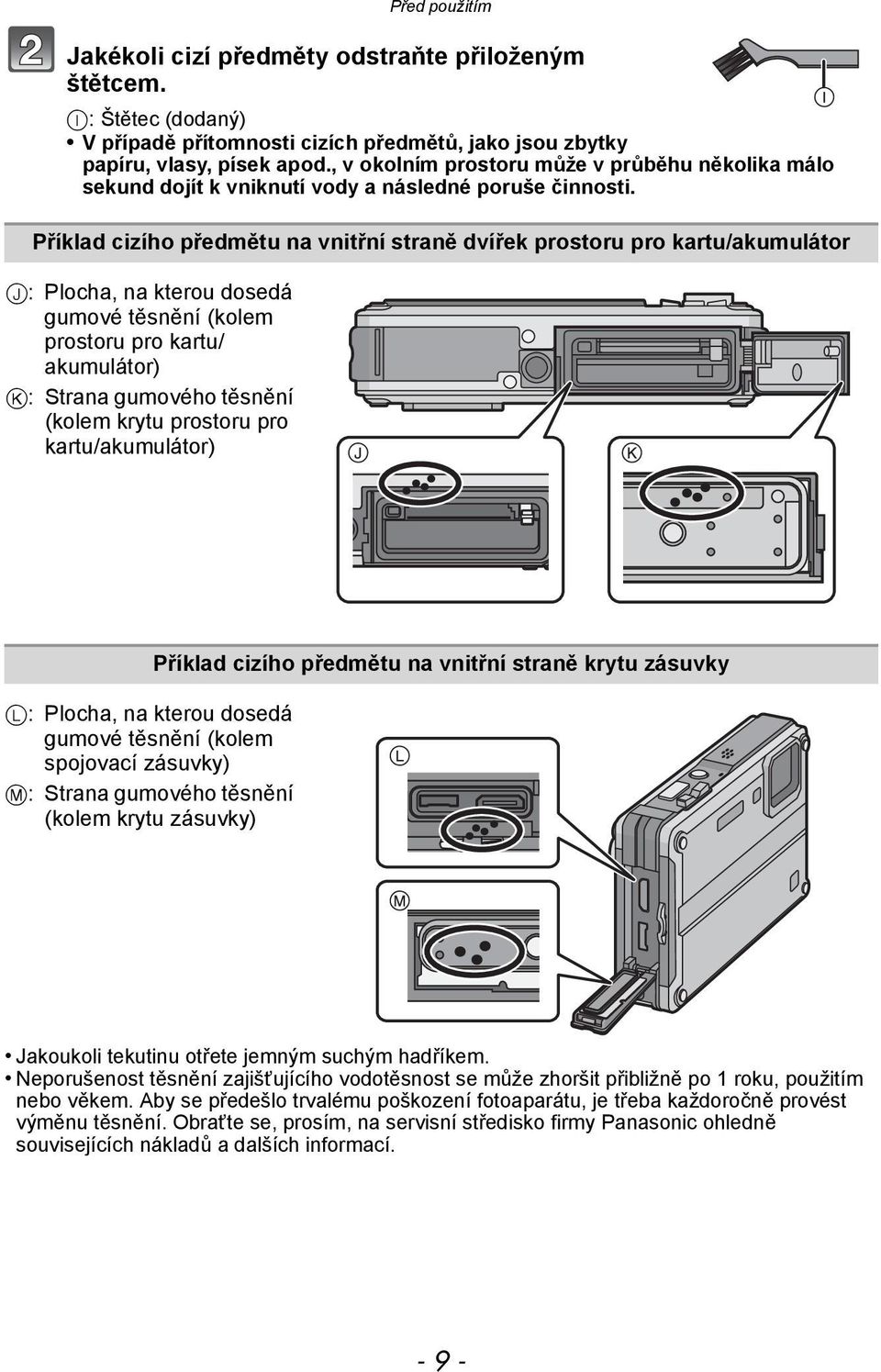 Příklad cizího předmětu na vnitřní straně dvířek prostoru pro kartu/akumulátor J: Plocha, na kterou dosedá gumové těsnění (kolem prostoru pro kartu/ akumulátor) K: Strana gumového těsnění (kolem