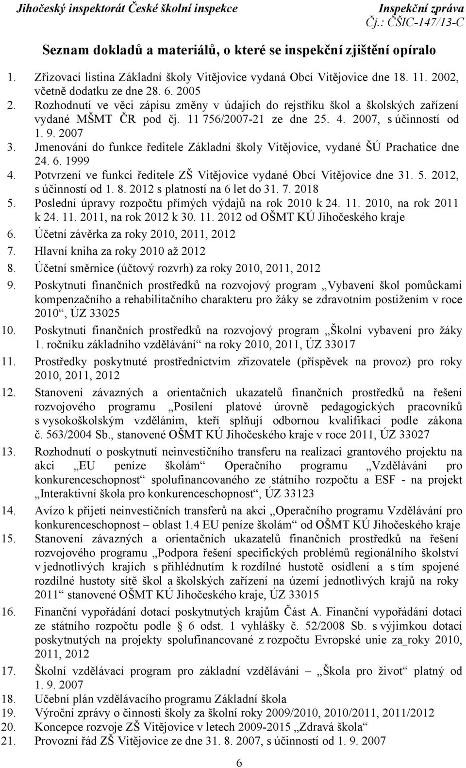 Jmenování do funkce ředitele Základní školy Vitějovice, vydané ŠÚ Prachatice dne 24. 6. 1999 4. Potvrzení ve funkci ředitele ZŠ Vitějovice vydané Obcí Vitějovice dne 31. 5. 2012, s účinností od 1. 8.