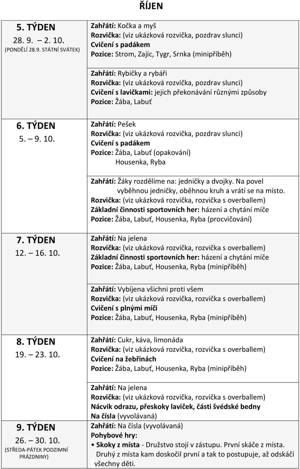 STÁTNÍ SVÁTEK) Zahřátí: Kočka a myš : (viz ukázková rozvička, pozdrav slunci) Cvičení s padákem Pozice: Strom, Zajíc, Tygr, Srnka (minipříběh) Zahřátí: Rybičky a rybáři : (viz ukázková rozvička,