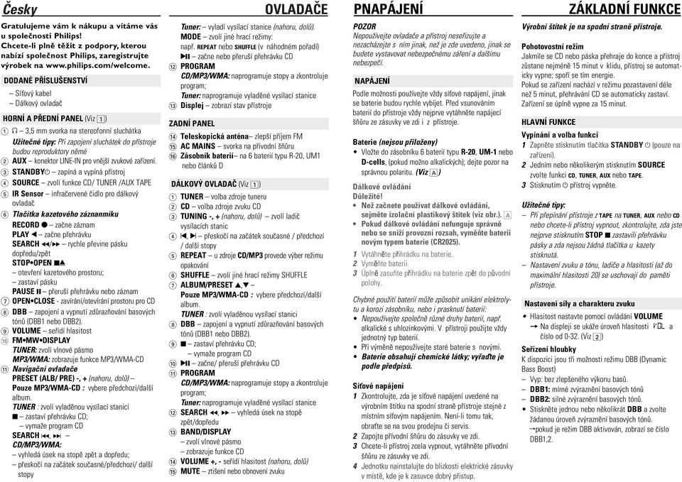 DODANÉ PØÍSLU ENSTVÍ Sí ov kabel Dálkov ovladaè HORNÍ A PØEDNÍ PANEL (Viz 1) 1 p 3,5 mm svorka na stereofonní sluchátka Pøi zapojení sluchátek do pøístroje budou reproduktory nìmé 2 AUX konektor