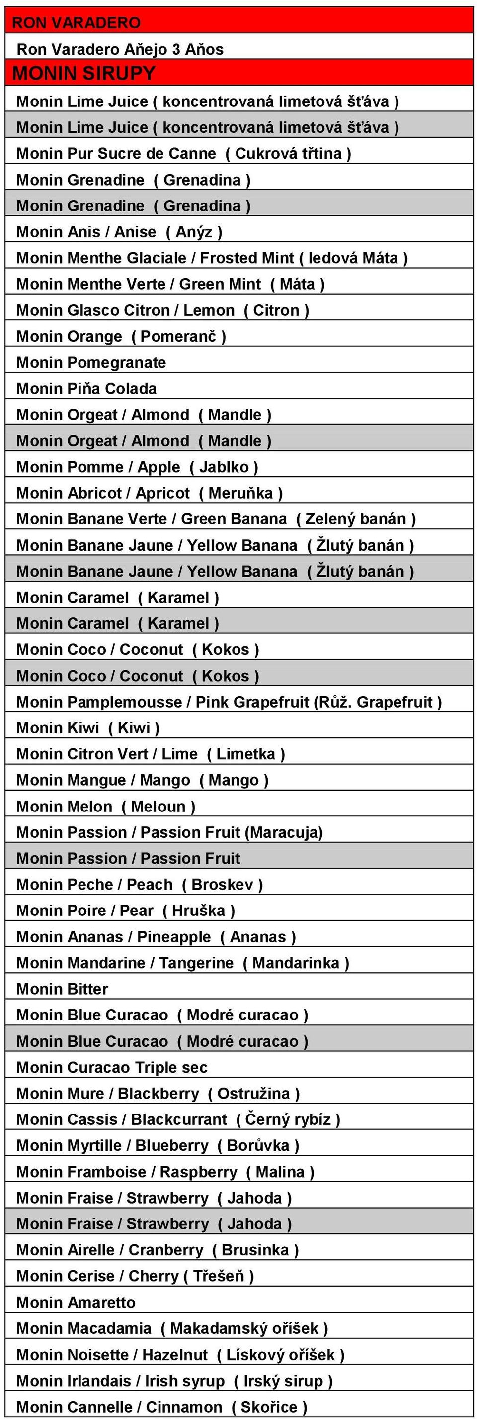 Citron / Lemon ( Citron ) Monin Orange ( Pomeranč ) Monin Pomegranate Monin Piňa Colada Monin Orgeat / Almond ( Mandle ) Monin Orgeat / Almond ( Mandle ) Monin Pomme / Apple ( Jablko ) Monin Abricot