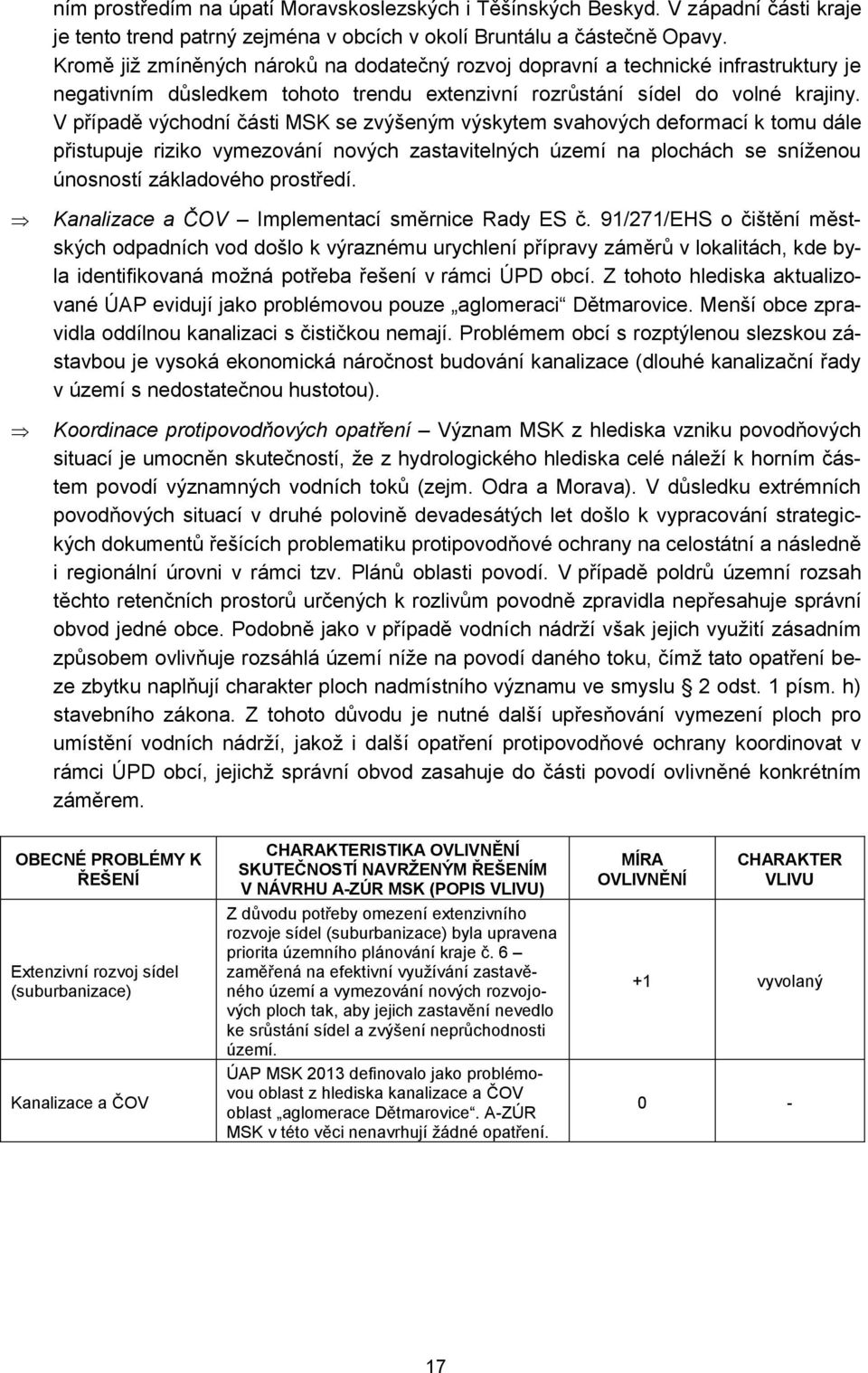 V případě východní části MSK se zvýšeným výskytem svahových deformací k tomu dále přistupuje riziko vymezování nových zastavitelných území na plochách se sníženou únosností základového prostředí.