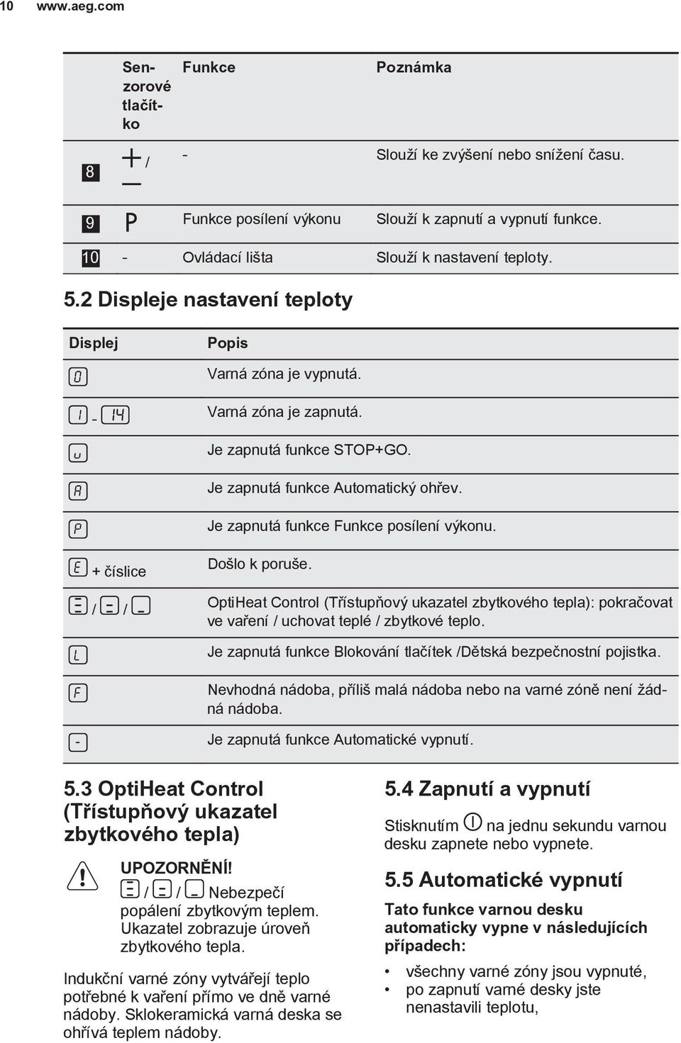 + číslice / / Došlo k poruše. OptiHeat Control (Třístupňový ukazatel zbytkového tepla): pokračovat ve vaření / uchovat teplé / zbytkové teplo.