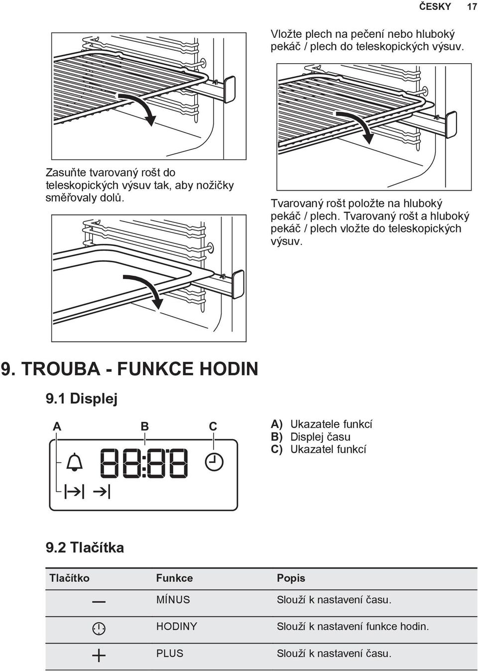 Tvarovaný rošt a hluboký pekáč / plech vložte do teleskopických výsuv. 9. TROUBA - FUNKCE HODIN 9.