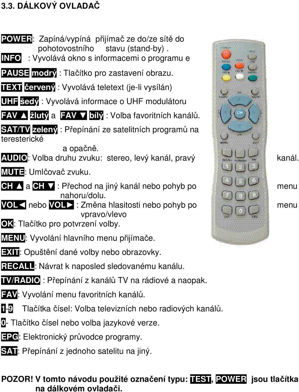 SAT/TV zelený : Přepínání ze satelitních programů na teresterické a opačně. AUDIO: Volba druhu zvuku: stereo, levý kanál, pravý MUTE: Umlčovač zvuku.
