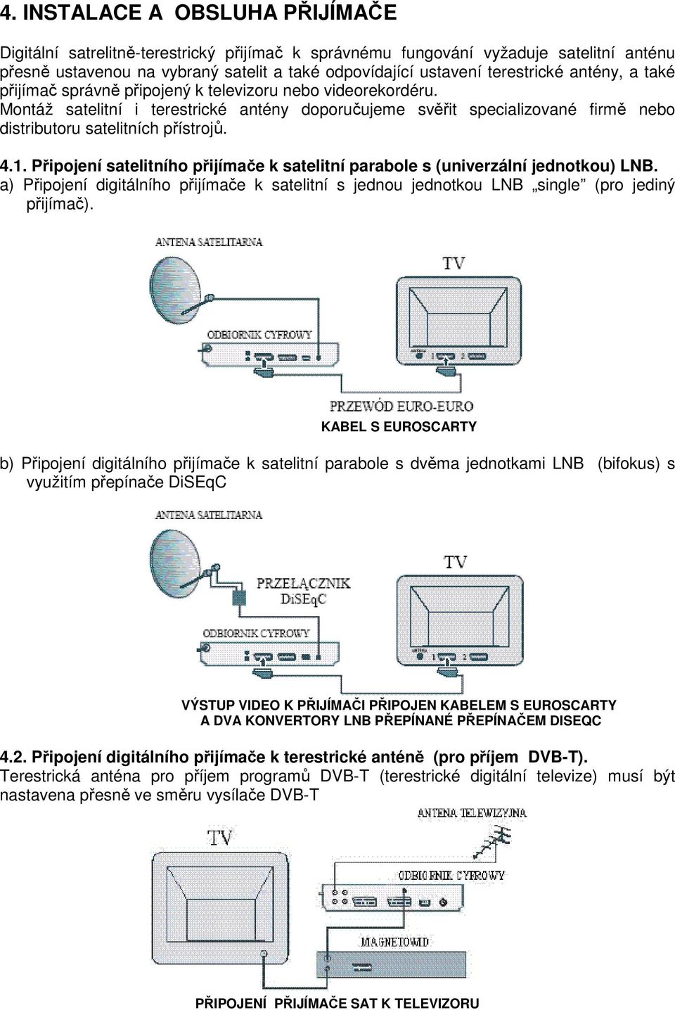 Připojení satelitního přijímače k satelitní parabole s (univerzální jednotkou) LNB. a) Připojení digitálního přijímače k satelitní s jednou jednotkou LNB single (pro jediný přijímač).