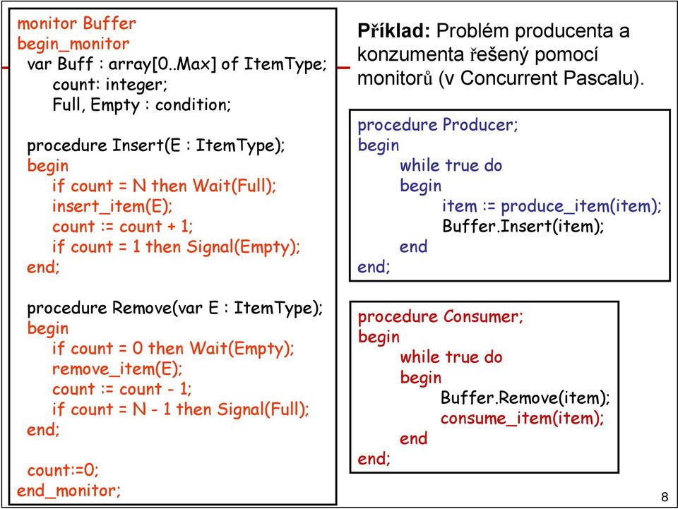 then Signal(Empty); end; Příklad: Problém producenta a konzumenta řešený pomocí monitorů (v Concurrent Pascalu).