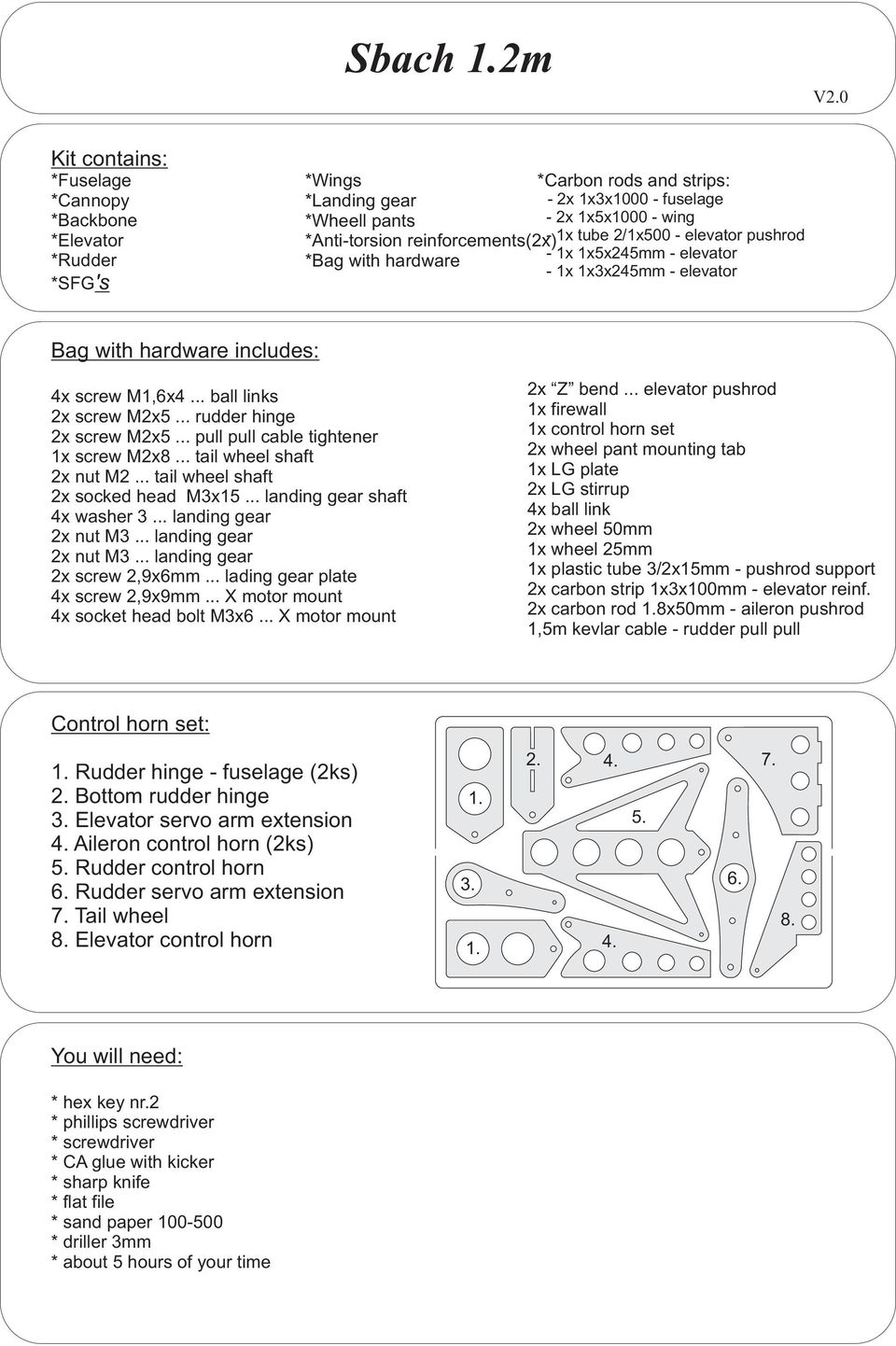 fuselage - 2x 1x5x1000 - wing - 1x tube 2/1x500 - elevator pushrod - 1x 1x5x245mm - elevator - 1x 1x3x245mm - elevator Bag with hardware includes: 4x screw M1,6x4... ball links 2x screw M2x5.