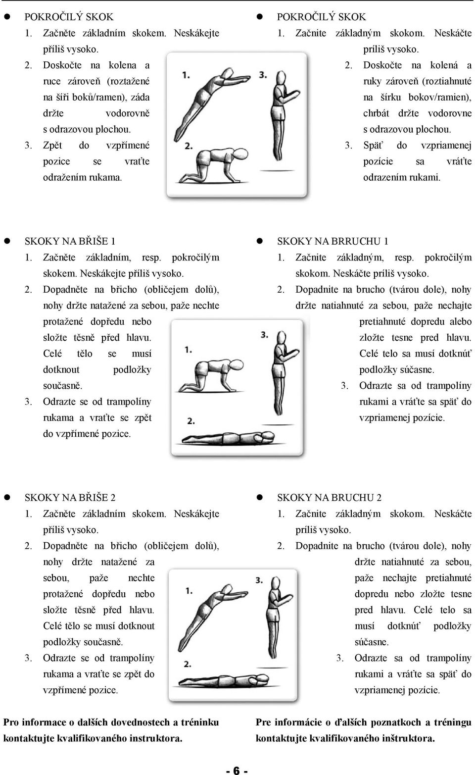 Doskočte na kolená a ruky zároveň (roztiahnuté na šírku bokov/ramien), chrbát držte vodorovne s odrazovou plochou. 3. Späť do vzpriamenej pozície sa vráťte odrazením rukami. SKOKY NA BŘIŠE 1 1.