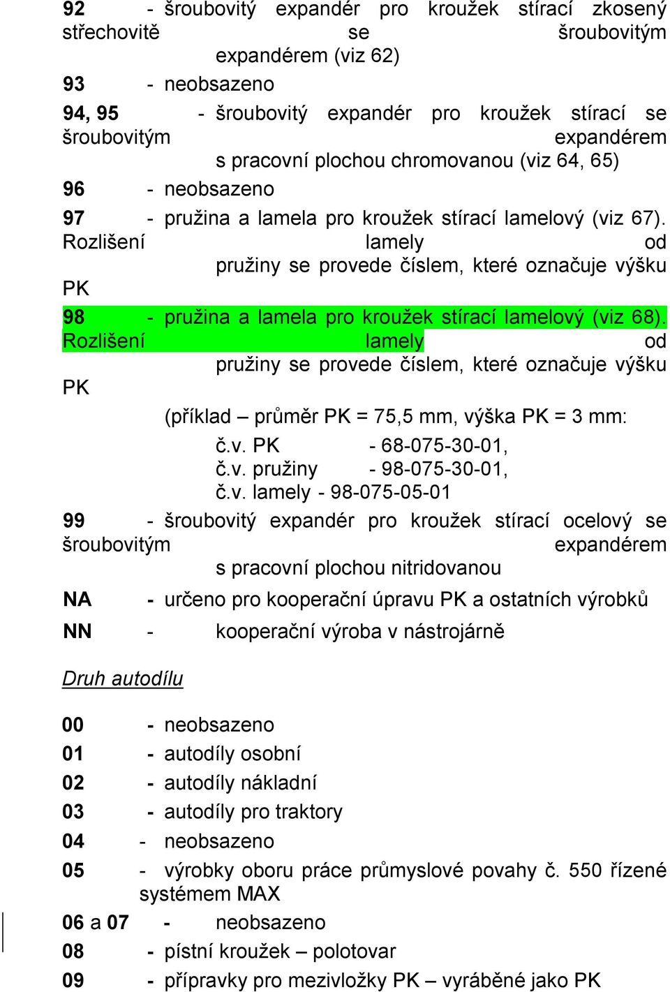 Rozlišení lamely od pružiny se provede číslem, které označuje výšku PK 98 - pružina a lamela pro kroužek stírací lamelový (viz 68).