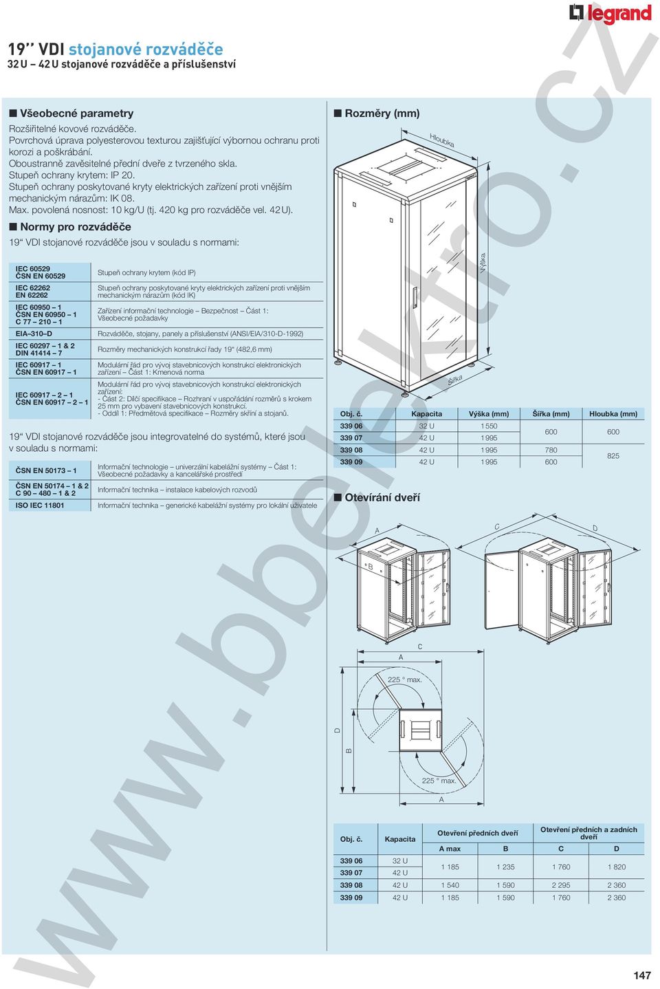 Stupe ochrany poskytované kryty elektrických za ízení proti vn jším mechanickým náraz m: IK 08. Max. povolená nosnost: 10 kg/u (tj. 420 kg pro rozvád e vel. 42 U).