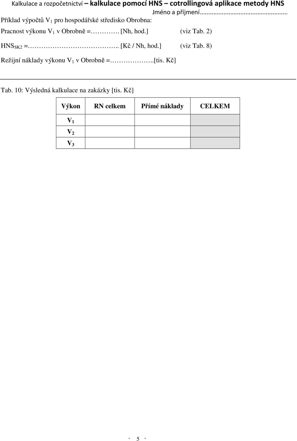 ] (viz Tab. 8) náklady výkonu v Obrobně =..[tis. Kč] Tab.