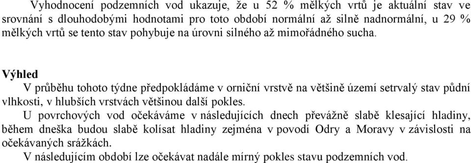 Výhled V průběhu tohoto týdne předpokládáme v orniční vrstvě na většině území setrvalý stav půdní vlhkosti, v hlubších vrstvách většinou další pokles.