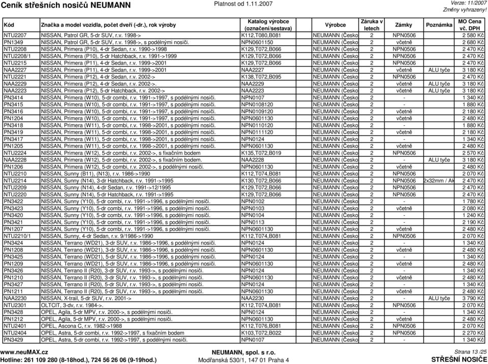 v. 1991->1999 K129,T072,B066 NEUMANN (Česko) 2 NPN0506 2 470 Kč NTU2215 NISSAN, Primera (P11), 4-dr Sedan, r.v. 1999->2001 K129,T072,B066 NEUMANN (Česko) 2 NPN0506 2 470 Kč NAA2227 NISSAN, Primera (P11), 4-dr Sedan, r.