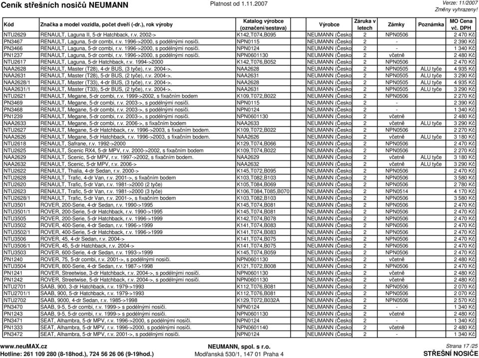 v. 1994->2000 K142,T076,B052 NEUMANN (Česko) 2 NPN0506 2 470 Kč NAA2628 RENAULT, Master (T28), 4-dr BUS, (3 tyče), r.v. 2004->.