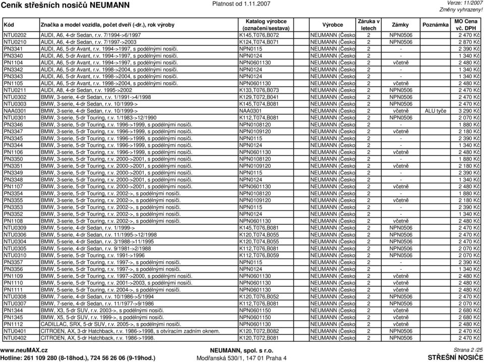 v. 1994->1997, s podélnými nosiči. NPN0601130 NEUMANN (Česko) 2 včetně 2 480 Kč PN3342 AUDI, A6, 5-dr Avant, r.v. 1998->2004, s podélnými nosiči.