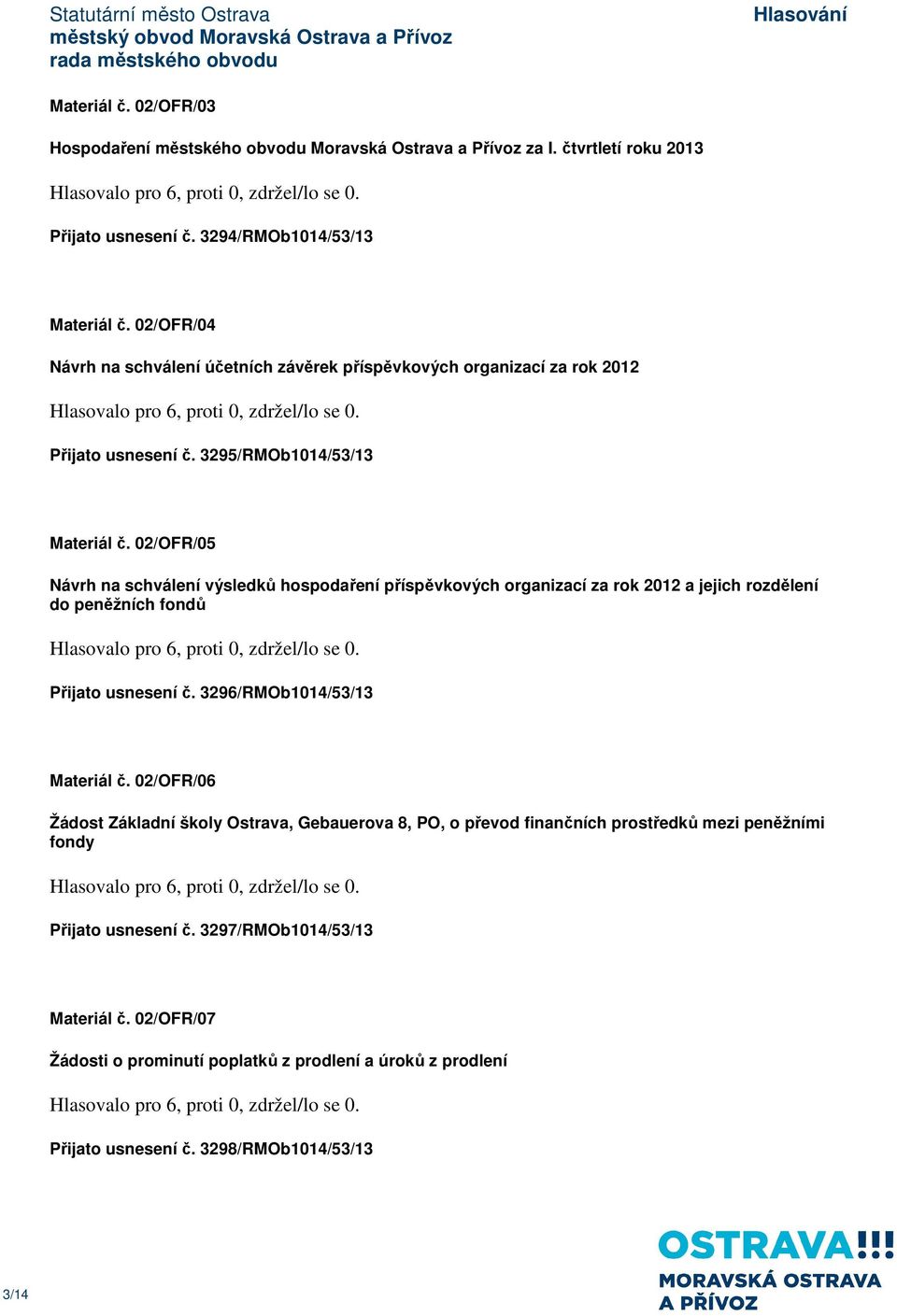 02/OFR/05 Návrh na schválení výsledků hospodaření příspěvkových organizací za rok 2012 a jejich rozdělení do peněžních fondů Přijato usnesení č. 3296/RMOb1014/53/13 Materiál č.