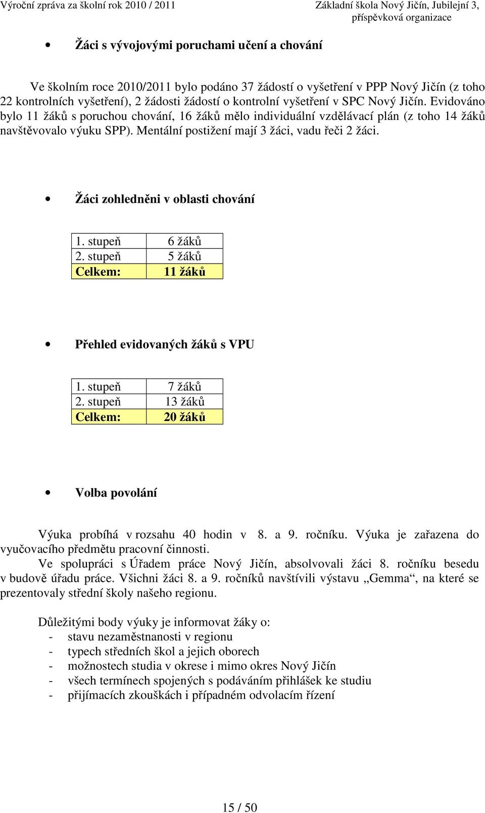 Žáci zohledněni v oblasti chování 1. stupeň 6 žáků 2. stupeň 5 žáků Celkem: 11 žáků Přehled evidovaných žáků s VPU 1. stupeň 7 žáků 2.