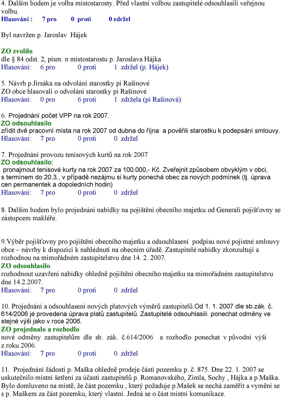 jirsáka na odvolání starostky pí Rašínové ZO obce hlasovali o odvolání starostky pí Rašínové Hlasování: 0 pro 6 proti 1 zdržela (pí Rašínová) 6. Projednání počet VPP na rok 2007.