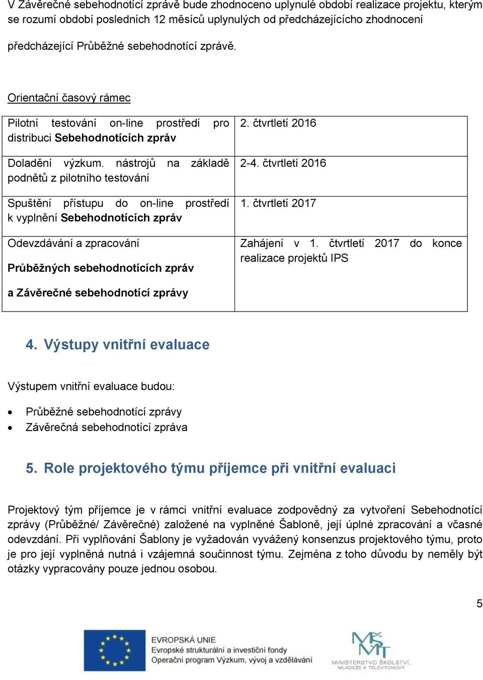 nástrojů na základě podnětů z pilotního testování Spuštění přístupu do on-line prostředí k vyplnění Sebehodnotících zpráv Odevzdávání a zpracování Průběžných sebehodnotících zpráv 2.