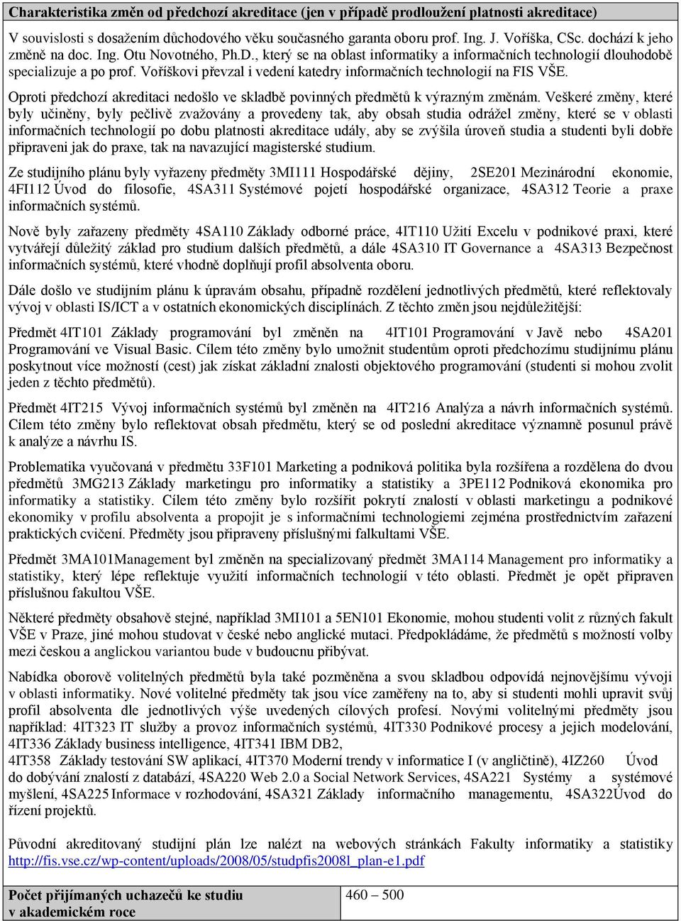 Voříškovi převzal i vedení katedry informačních technologií na FIS VŠE. Oproti předchozí akreditaci došlo ve skladbě povinných předmětů k výrazným změnám.