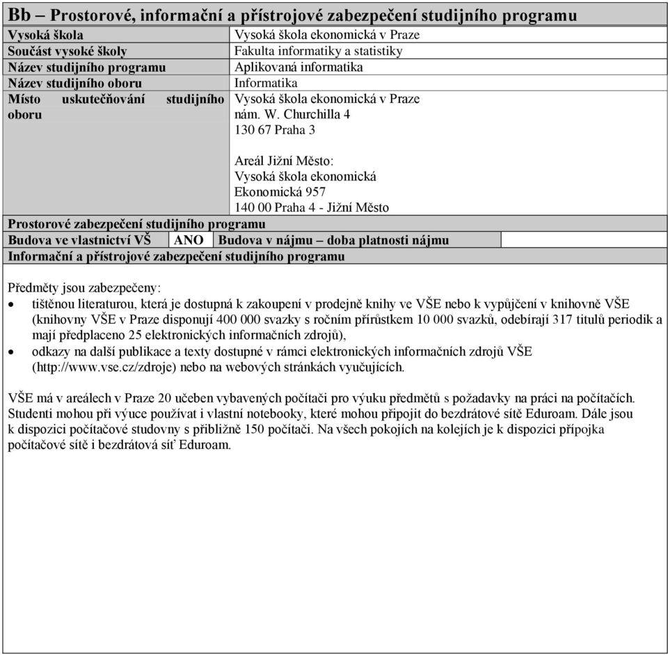 Churchilla 4 130 67 Praha 3 Areál Jižní Město: Vysoká škola ekonomická Ekonomická 957 140 00 Praha 4 - Jižní Město Prostorové zabezpečení studijního programu Budova ve vlastnictví VŠ ANO Budova v