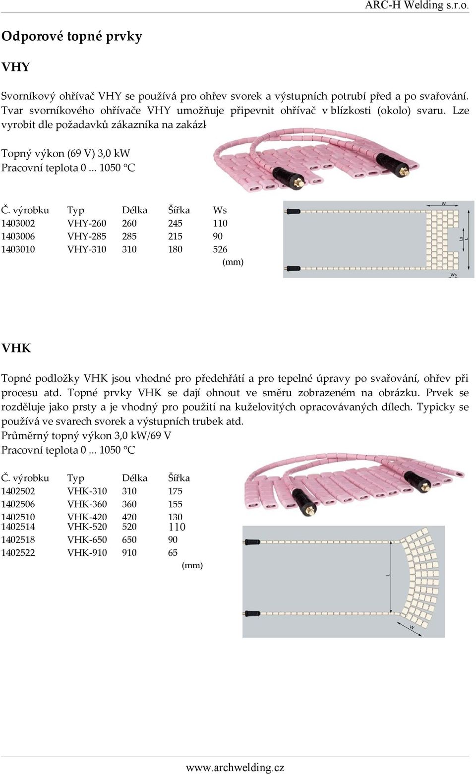 výrobku 1403002 1403006 14030 Typ VHY-260 VHY-285 VHY-3 Délka 260 285 3 Šířka 245 215 180 Ws 1 90 526 (mm) VHK Topné podložky VHK jsou vhodné pro předehřátí a pro tepelné úpravy po svařování, ohřev