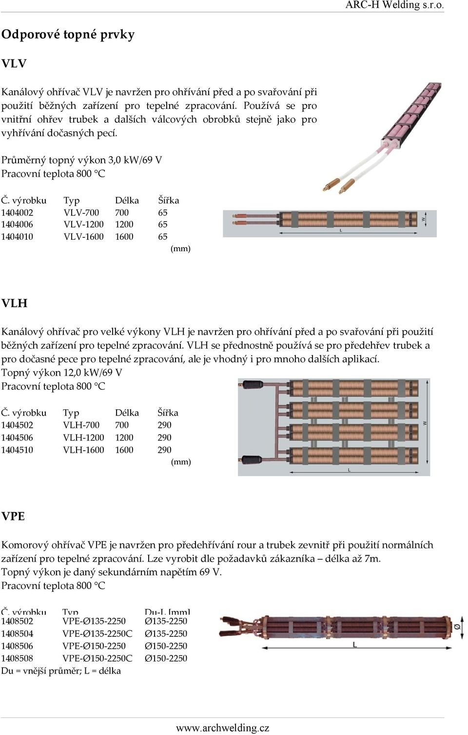 výrobku 1404002 1404006 14040 Typ VLV-700 VLV-1200 VLV-1600 Délka 700 1200 1600 Šířka 65 65 65 (mm) VLH Kanálový ohřívač pro velké výkony VLH je navržen pro ohřívání před a po svařování při použití