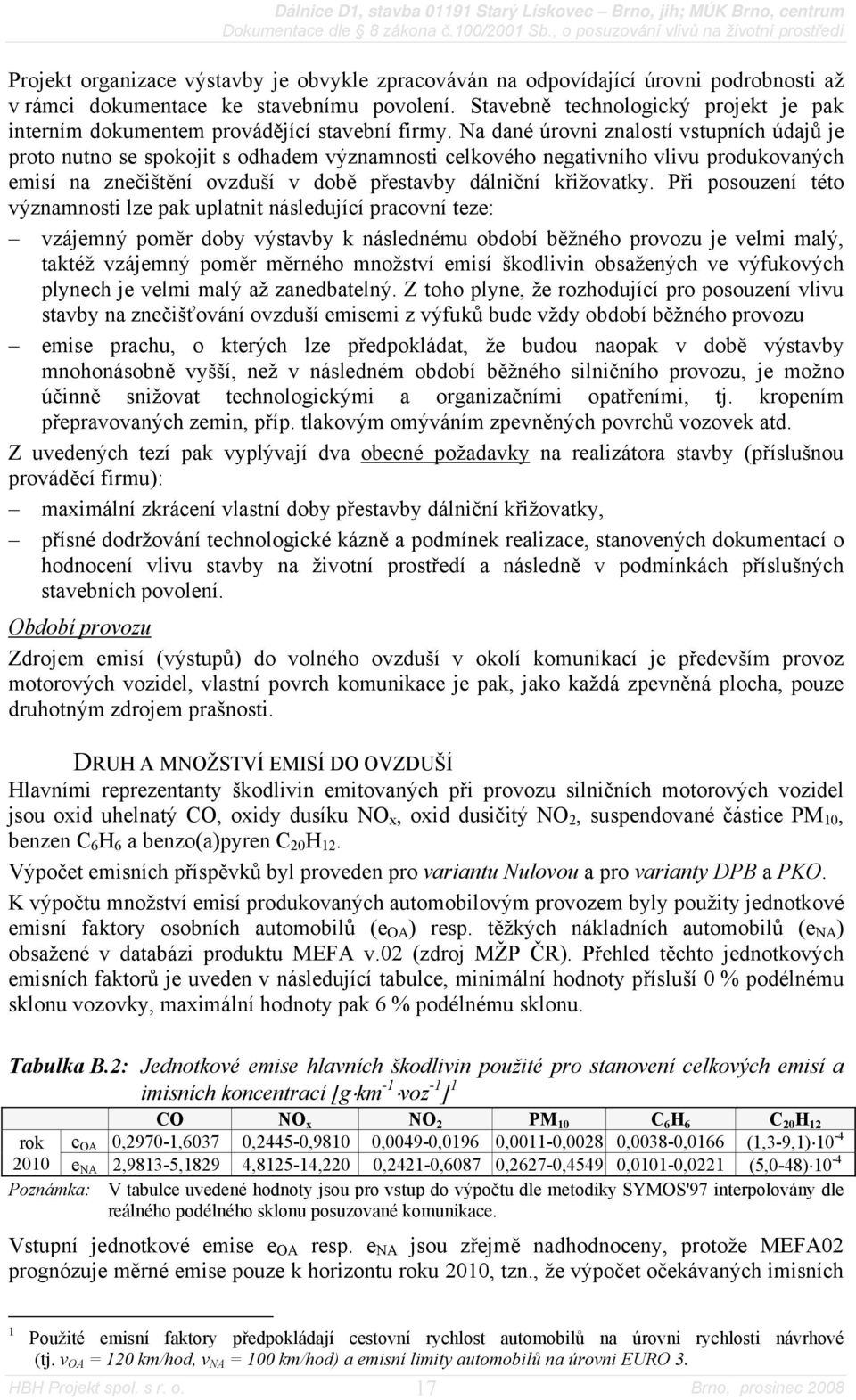 Na dané úrovni znalostí vstupních údajů je proto nutno se spokojit s odhadem významnosti celkového negativního vlivu produkovaných emisí na znečištění ovzduší v době přestavby dálniční křižovatky.