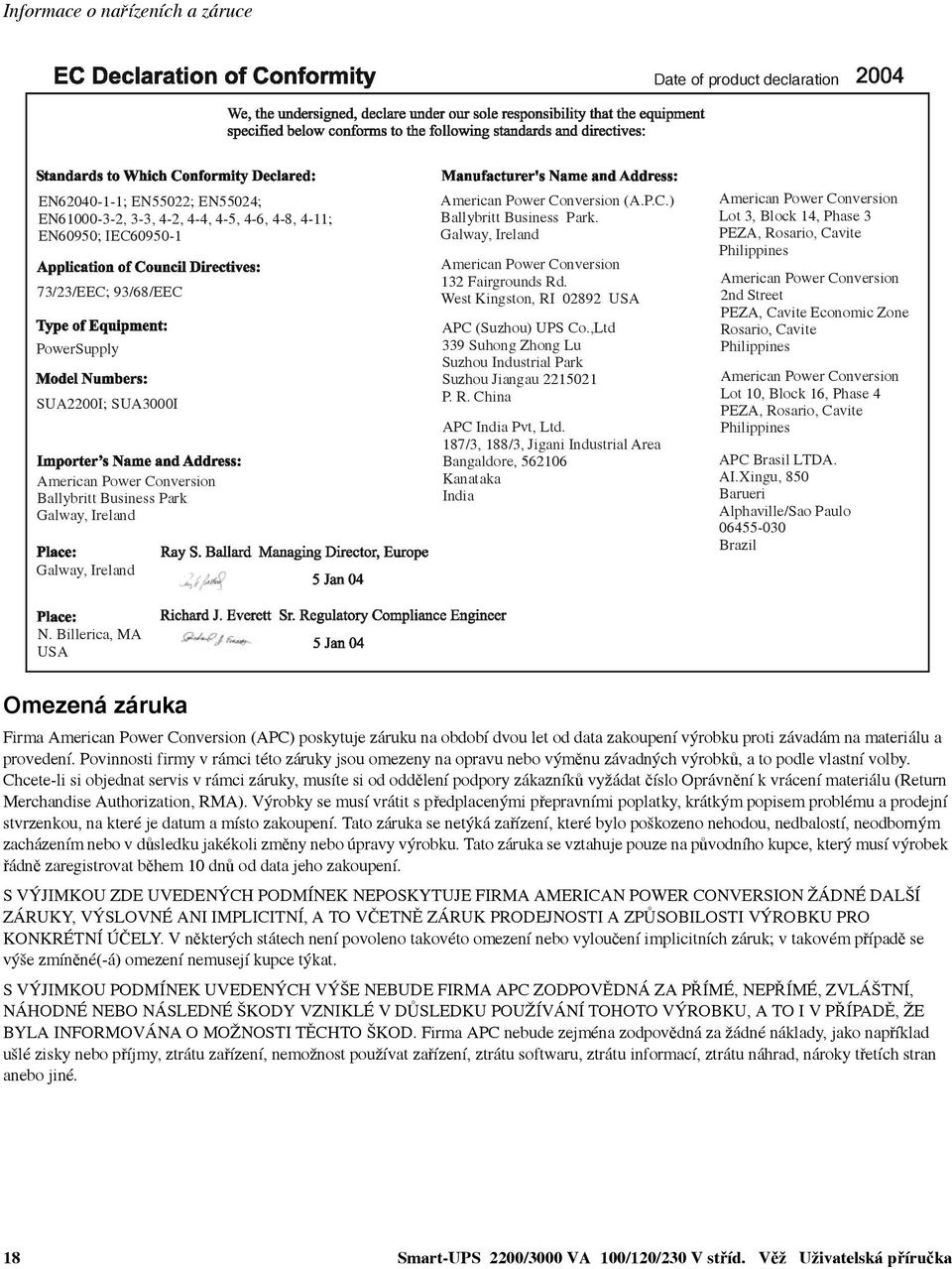 Galway, Ireland American Power Conversion 132 Fairgrounds Rd. West Kingston, RI 02892 USA APC (Suzhou) UPS Co.,Ltd 339 Suhong Zhong Lu Suzhou Industrial Park Suzhou Jiangau 2215021 P. R. China APC India Pvt, Ltd.