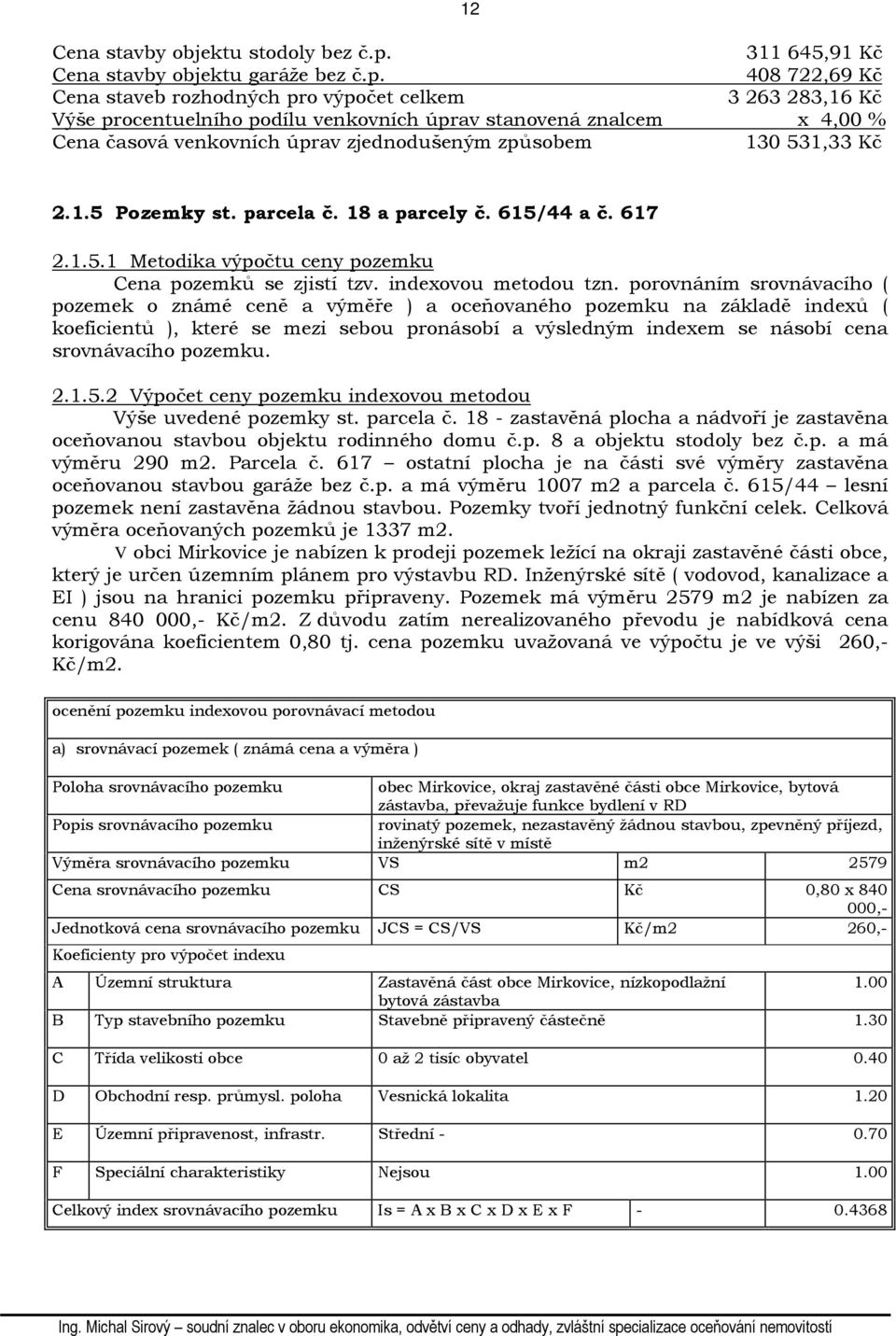 408 722,69 Kč Cena staveb rozhodných pro výpočet celkem 3 263 283,16 Kč Výše procentuelního podílu venkovních úprav stanovená znalcem x 4,00 % Cena časová venkovních úprav zjednodušeným způsobem 130