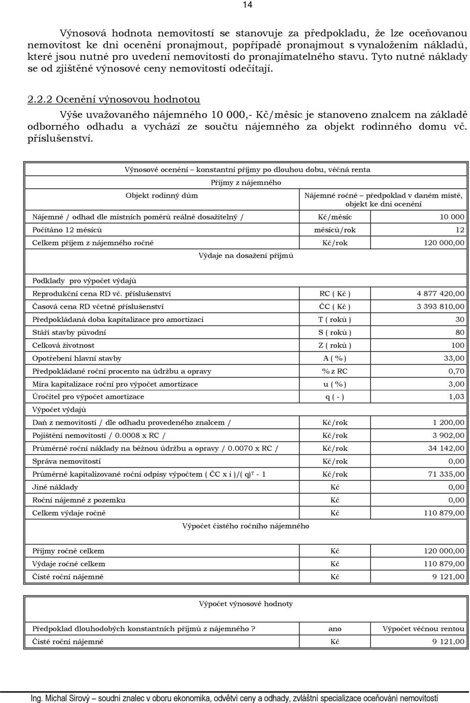 2.2 Ocenění výnosovou hodnotou Výše uvažovaného nájemného 10 000,- Kč/měsíc je stanoveno znalcem na základě odborného odhadu a vychází ze součtu nájemného za objekt rodinného domu vč. příslušenství.