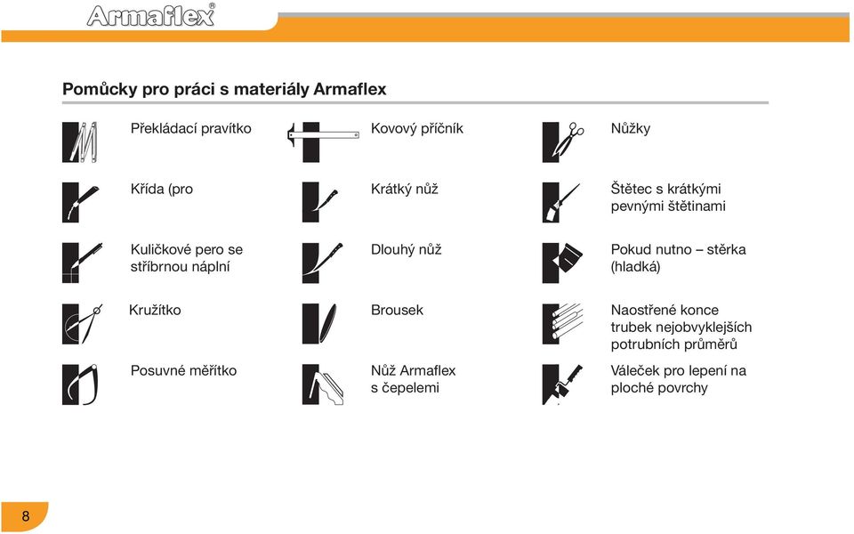 nůž Pokud nutno stěrka (hladká) Kružítko Posuvné měřítko Brousek Nůž Armaflex s čepelemi