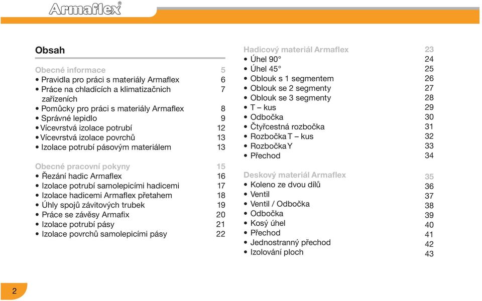 závitových trubek Práce se závěsy Armafix Izolace potrubí pásy Izolace povrchů samolepicími pásy 5 6 7 8 9 12 13 13 15 16 17 18 19 20 21 22 Hadicový materiál Armaflex Úhel 90 Úhel 45 Oblouk s 1