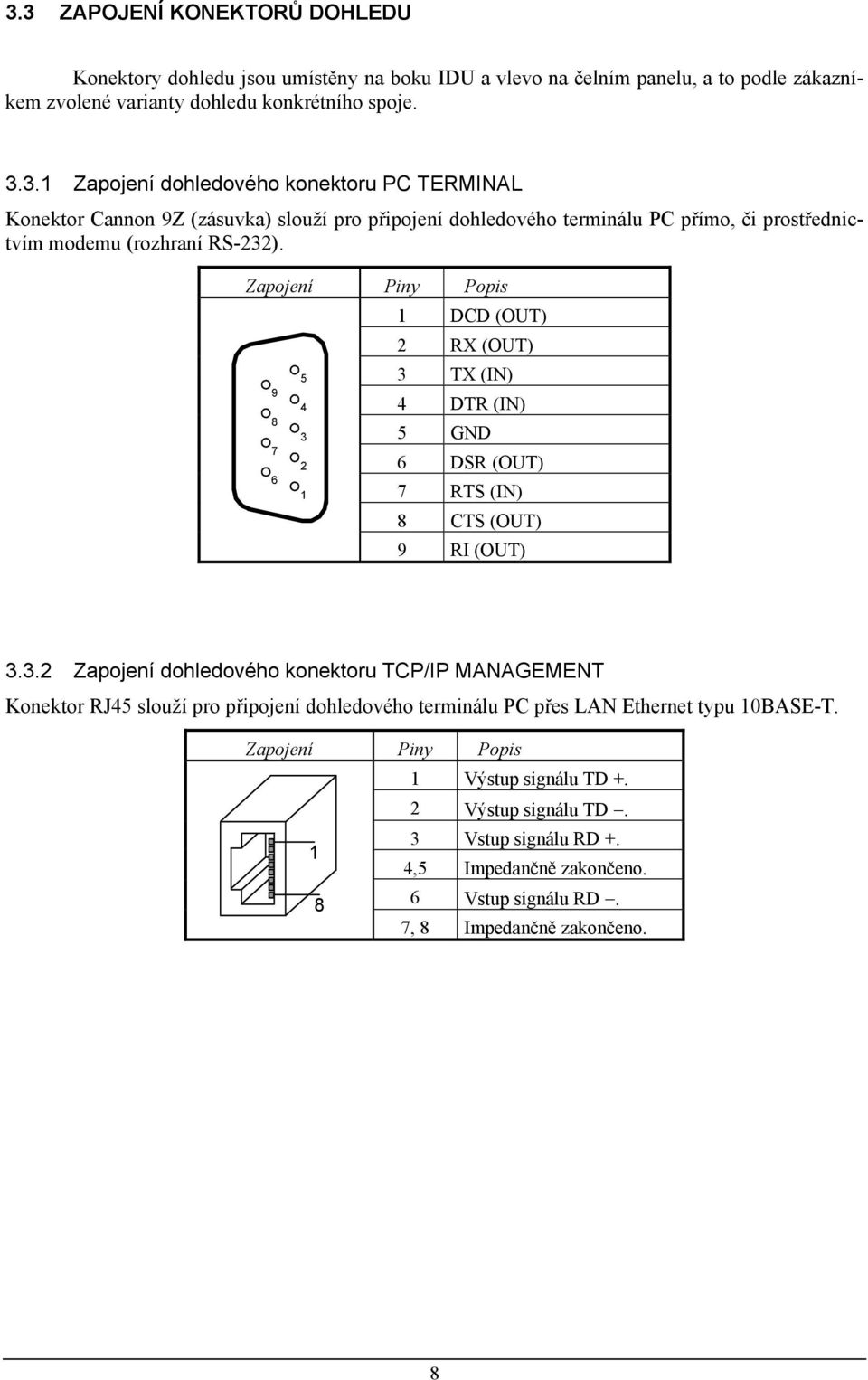 Zapojení Piny Popis Výstup signálu TD +. 2 Výstup signálu TD. 3 Vstup signálu RD +. 4,5 Impedančně zakončeno. 8 6 Vstup signálu RD. 7, 8 Impedančně zakončeno. 8