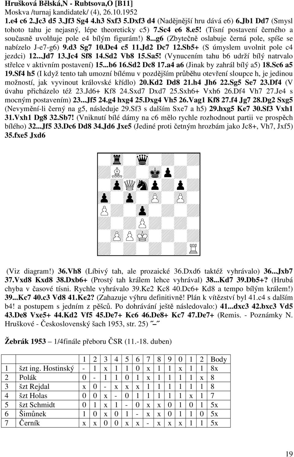 ..g6 (Zbytečně oslabuje černá pole, spíše se nabízelo J-e7-g6) 9.d3 Sg7 10.De4 c5 11.Jd2 Dc7 12.Sb5+ (S úmyslem uvolnit pole c4 jezdci) 12...Jd7 13.Jc4 Sf8 14.Sd2 Vb8 15.Sa5!