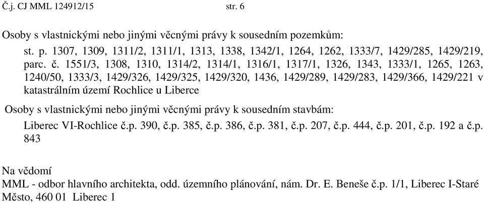 v katastrálním území Rochlice u Liberce Osoby s vlastnickými nebo jinými v cnými právy k sousedním stavbám: Liberec VI-Rochlice.p. 390,.p. 385,.p. 386,.p. 381,.p. 207,.p. 444,.p. 201,.