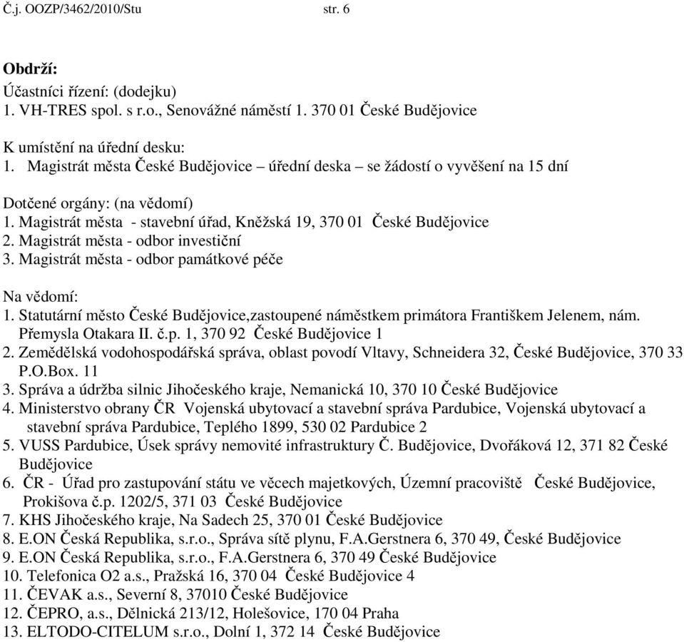 Magistrát města - odbor investiční 3. Magistrát města - odbor památkové péče Na vědomí: 1. Statutární město České Budějovice,zastoupené náměstkem primátora Františkem Jelenem, nám.