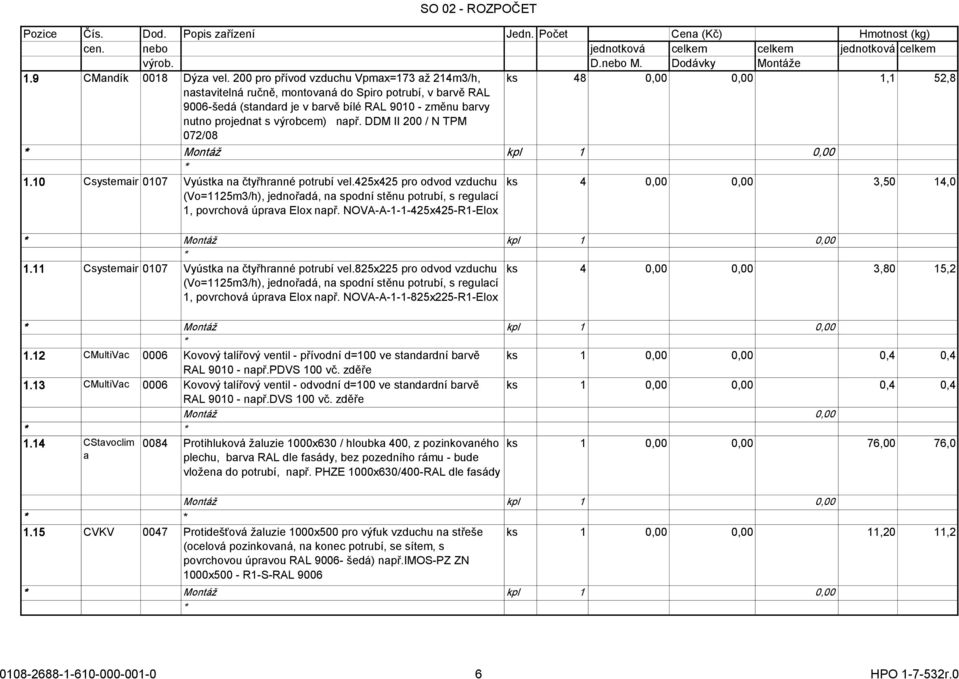 projednat s výrobcem) např. DDM II 200 / N TPM 072/08 Montáž kpl 1 0,00 1.10 Csystemair 0107 Vyústka na čtyřhranné potrubí vel.