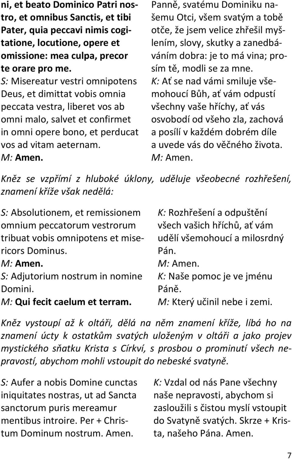 Panně, svatému Dominiku našemu Otci, všem svatým a tobě otče, že jsem velice zhřešil myšlením, slovy, skutky a zanedbáváním dobra: je to má vina; prosím tě, modli se za mne.